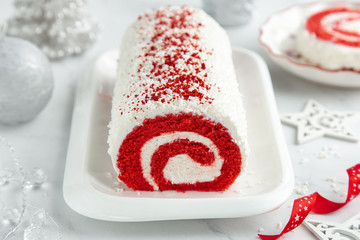 Red Velvet roll cake for Christmas