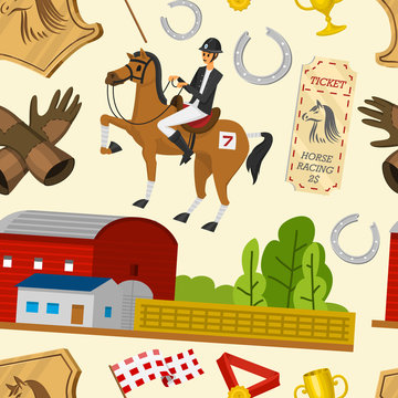 Horse racing seamless pattern. Horseback riding. Activity Jockey club. Equipments for Equestrian Sport poster. Accessories horseshoe, whip, horse saddle, hippodrome, equine bridle for dressage