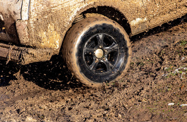 SUV wheel stalled in mud and water