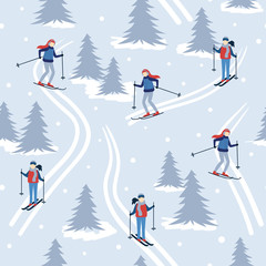 Seamless pattern with people skiing. Winter skiing leisure vector illustration.