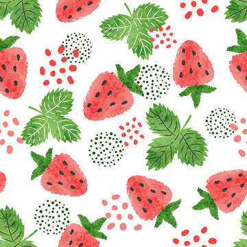 Seamless Strawberry Pattern. Vector Watercolor Illustration With Berries And Leaves.