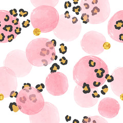 Seamless dotted pattern with pink  circles and leopard print. Vector abstract background with watercolor shapes. 