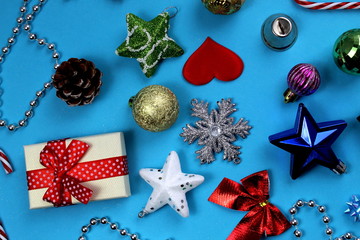 texture christmas mood toys and gifts on a blue background