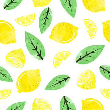 Seamless watercolor lemon pattern with fruits and leaves.