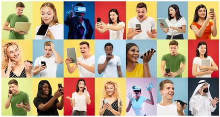 Young attractive emotional people on multicolored backgrounds. Young surprised men and women using gadgets. Human emotions, facial expression concept, modern technologies. Trendy colors in collage.