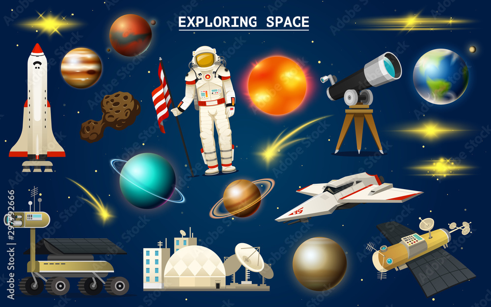 Poster astronaut in space. spaceman explores the galaxy. set of astronomical universe. planets of the solar