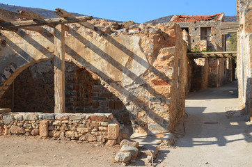 Abandoned ruins medieval fortress, leper colony. Spinalonga island, Crete, Greece.