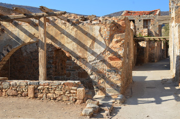 Abandoned ruins medieval fortress, leper colony. Spinalonga island, Crete, Greece.