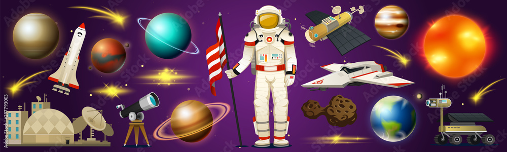Poster astronaut in space. spaceman explores the galaxy. set of astronomical universe. planets of the solar