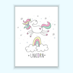 Cute hand drawn cartoon character unicorn. vector illustration. print for kids.