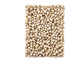 White peppercorns isolated on white background with copy space for text or images. Spices and herbs. Packaging concept. Close-up.