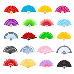 Fototapeta Hand fan vector traditional Japanese accessory and Chinese decoration folding handheld-fan illustration set of open Asian culture design object isolated on white background obraz
