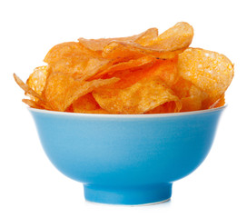 Bowl of  potato chips isolated on white