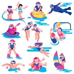 Water sport vector people character on vacation surfing on surf board illustration set of man woman kids character swimmping playing water polo and kayaking in sea isolated on white background