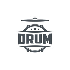 Vector logo of drum school. Logotype, symbol, icon, graphic, vector. Rock music. Drumkit tools. Isolated on white background. - obrazy, fototapety, plakaty