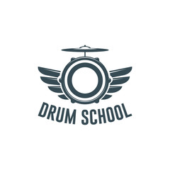 Vector logo of drum school. Logotype, symbol, icon, graphic, vector. Rock music. Drumkit tools. Isolated on white background.