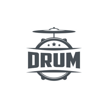 Vector logo of drum school. Logotype, symbol, icon, graphic, vector. Rock music. Drumkit tools. Isolated on white background.