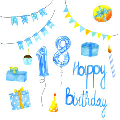 Watercolor collection of holiday items. Birthday Party. Eighteenth birthday