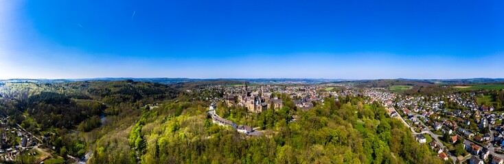 Fototapeta premium Aerial View, Braunfels Castle, with Hubertus Tower, New Hesse, Germany,