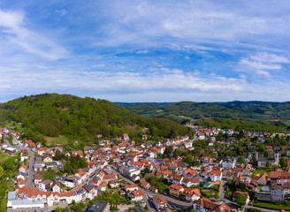 Fototapeta na wymiar Aerial view of the castle Lindenfels and the medieval town Lindenfels, Bergstrasse, Hesse, Germany
