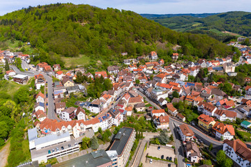 Fototapeta premium Aerial view of the castle Lindenfels and the medieval town Lindenfels, Bergstrasse, Hesse, Germany