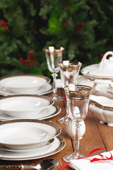 Close up of holiday table setting modern interior