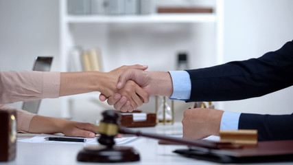 Fototapeta na wymiar Woman shaking hands with lawyer, successful deal, advertise of attorney service