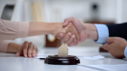 Fototapeta na wymiar Woman shaking hands with lawyer buying home, insurance policy, successful deal