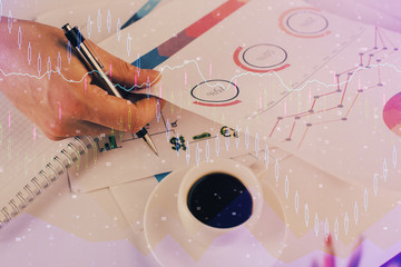 Multi exposure of man planing investment with stock market forex chart.