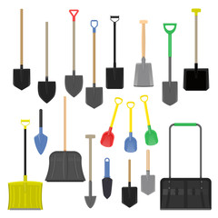 Naklejka premium Shovel vector gardening shoveling equipment spade object of agriculture work in garden illustration set of shoveled handle and shovelful farm symbol isolated on white background