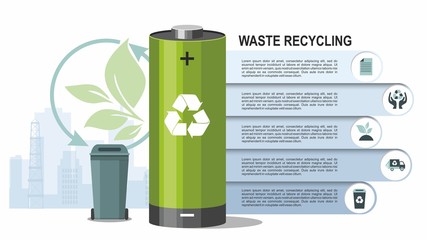 Battery and waste recycling concept on city background. Vector - 297795888