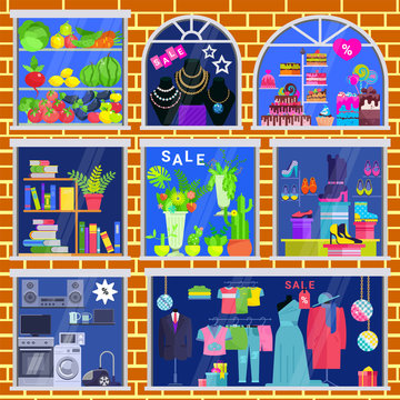 Shop window vector showwindow of book store clothing shop and jewelery window-case illustration set of vegetables fruts and electronic appliances frontstore showcase background