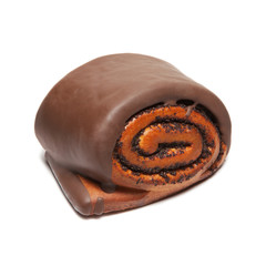 Bun with chocolate glaze isolated on white background