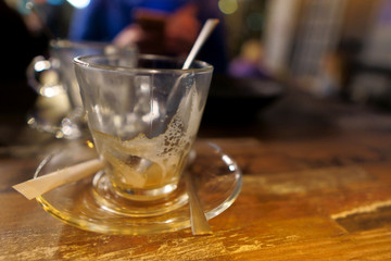 Empty glass mug after drinking coffee. close up