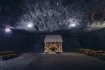 Picnic area in Echo Room chamber in Cacica Salt Mine in Romania