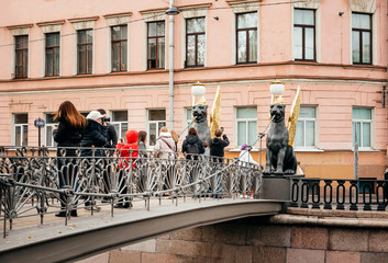 2 sculptures of winged sphinxes on the Bank bridge in St. Petersburg, October 2019, Russia,