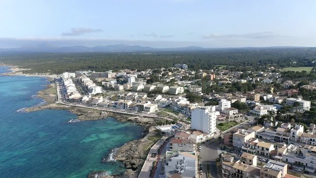 Aerial views, flight at Can Picafort, bay and harbor, Mallorca, Balearic Islands, Spain