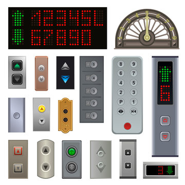 Elevator buttons vector lift metal push button up down on digital control panel numbers in business office building illustration set level at hotel elevator panel isolated on white background
