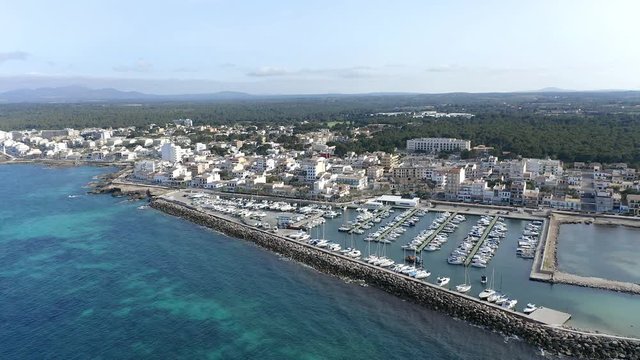 Aerial views, flight at Can Picafort, bay and harbor, Mallorca, Balearic Islands, Spain