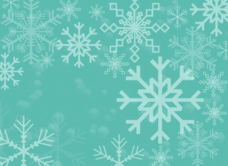 many different snowflakes on a turquoise background,  copy space