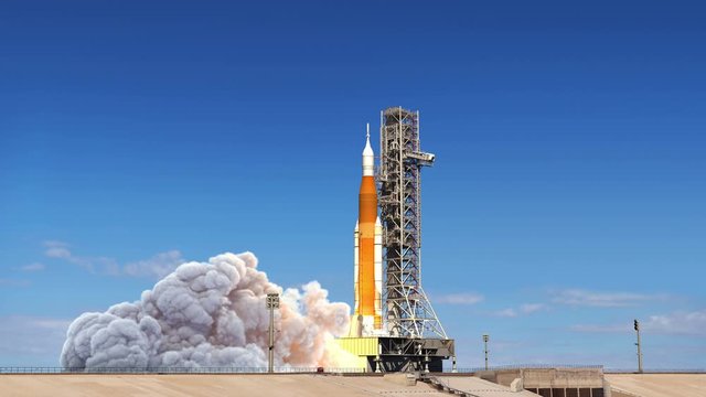 Big Heavy Rocket (Space Launch System) Launch. Slow Motion. Full 3D Animation. 4K. Ultra High Definition. 3840x2160.
