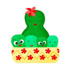 Cute Sleeping Mom Cactus with funny kids cacti vector illustration. Mother day card on white background
