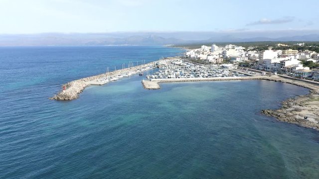 Aerial views, flight at Can Picafort, bay and harbor, Mallorca, Balearic Islands, Spain