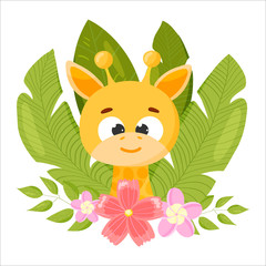 Cute Cartoon baby boy Giraffe with tropical leaves for birthday card template. Vector illustration on white background