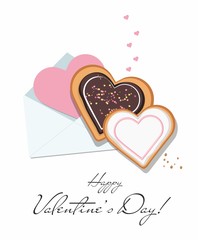 Valentine card, envelope and heart shaped cookies with glaze.  Top view. Valentine's day. 