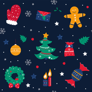 Christmas pattern with holiday icons. Happy New Year and Merry Christmas illustrations. Doodle holiday collection with icons