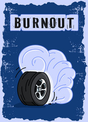 Isolated burnout wheel on a blue background. smoke wheel hand drawn illustration