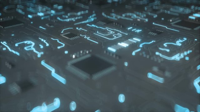 Blue electric current on on PCB Printed circuit board. Computer science or electronic concept. Seamless loop 3D render animation with shallow DOF