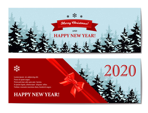 Set of Christmas horizontal greeting cards in retro style with Christmas trees and lettering. Place for text. Vector illustration with hand drawn elements.