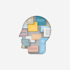 Paper cutout head profile with color paper cards and space for design. Positive thinikg and stress management in psychology, technology, education or artificial intelligence concept.